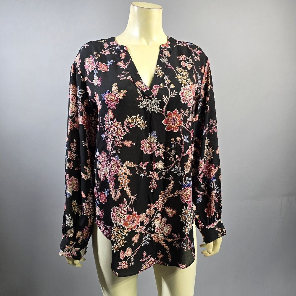 Maurices Small Black Floral Blouse with Pink and Red Accents R3